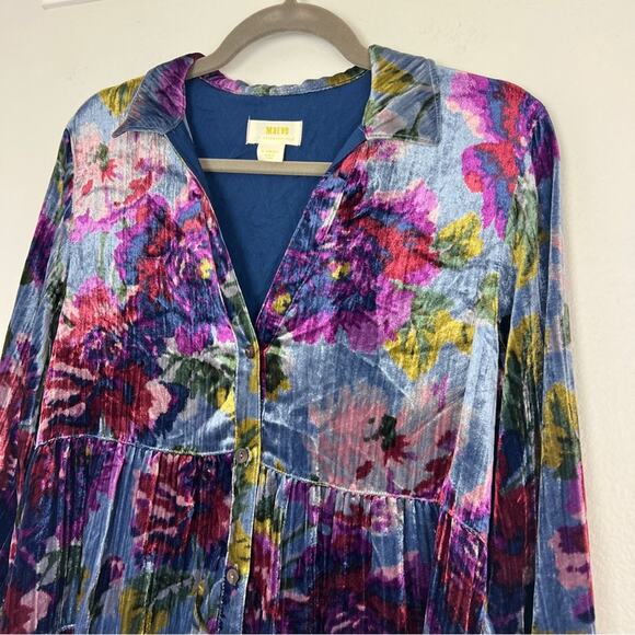 Anthropologie Maeve | Reverie Tiered Velvet Floral Tunic Bloomcore Boho Blue XS - Picture 6 of 13